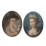 A pair of pendant pastel portraits of a lady and a boy holding a windmill toy, in 18thC style 40 x 3