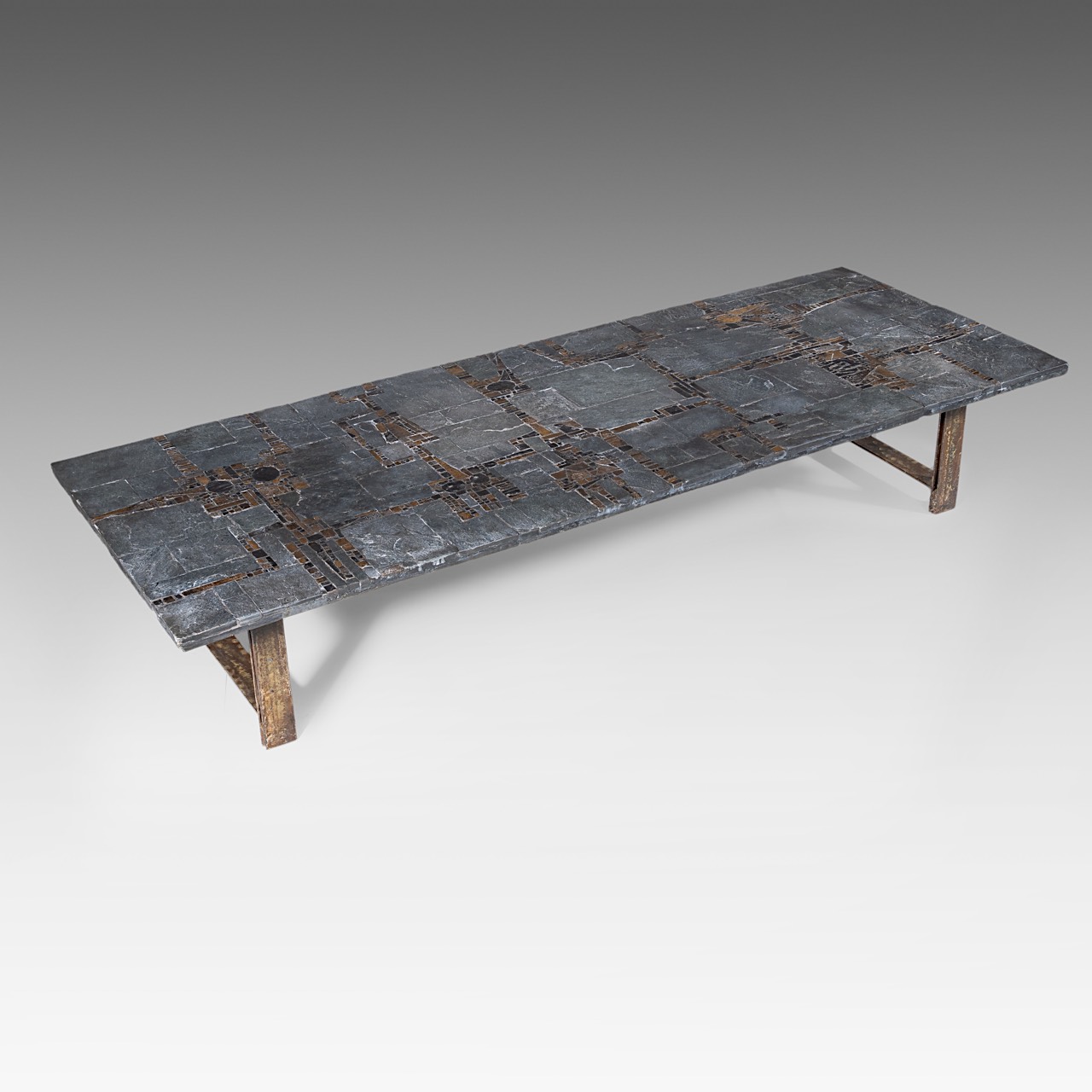 A vintage '60s Pia Manu coffee table, slate stone and gilt-glazed ceramic table top on a steel frame - Image 12 of 16