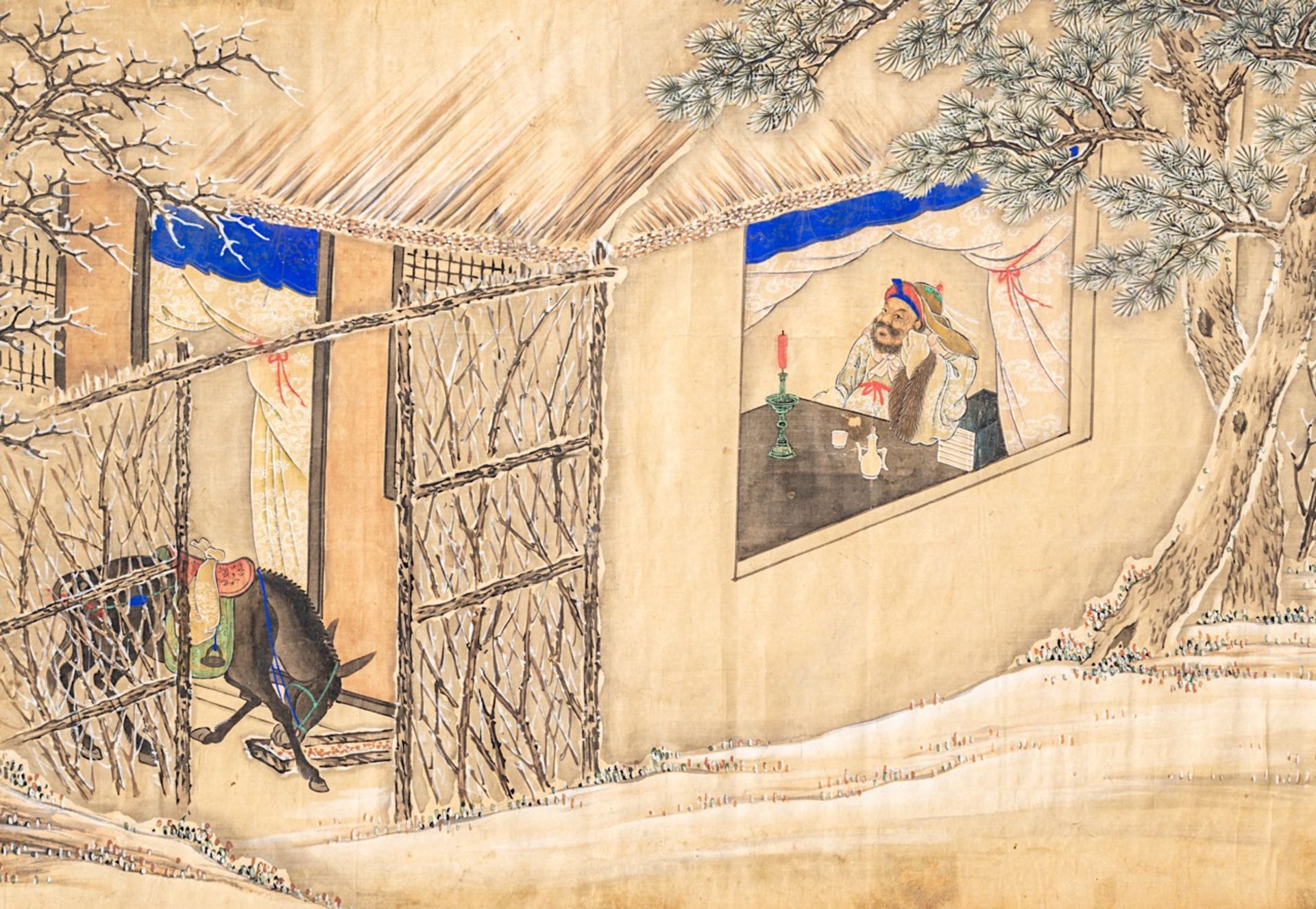 A Chinese 'Lady and Protector in the Snow' painting, ink and colour on linen, Qing dynasty, 41,5 x 1 - Image 3 of 4