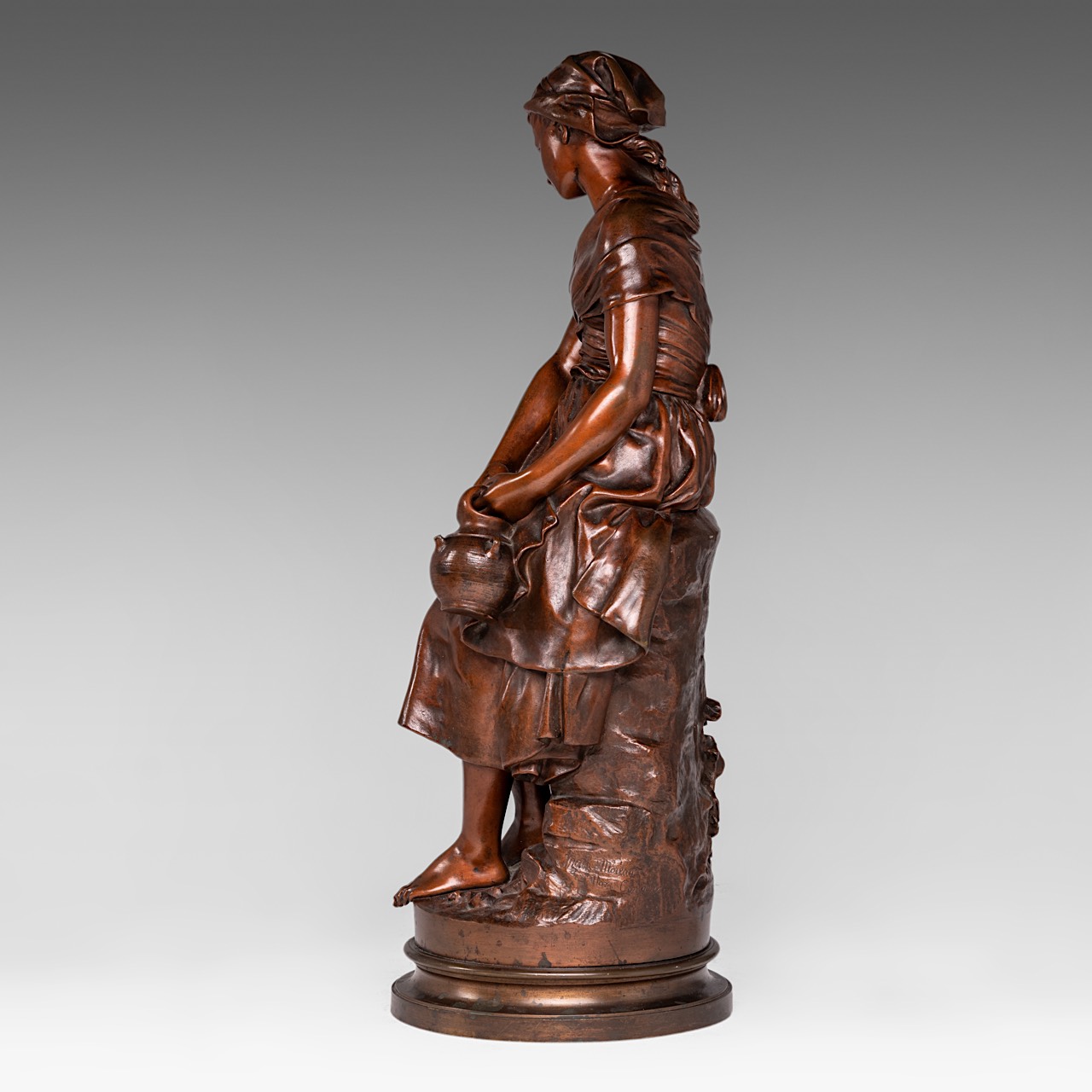 Mathurin Moreau (1822-1912), young girl with a jug, patinated bronze, foundry mark of E. Godeau, Par - Image 3 of 8