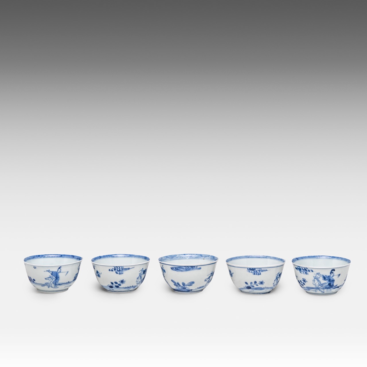 A series of five Chinese blue and white 'Female Immortal' cups, Kangxi/Yongzheng, H 3,5 - dia 7,2 cm - Image 6 of 10
