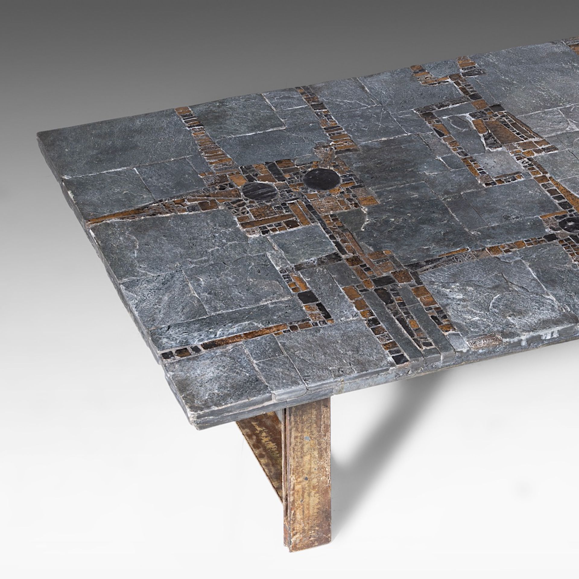 A vintage '60s Pia Manu coffee table, slate stone and gilt-glazed ceramic table top on a steel frame - Bild 14 aus 16