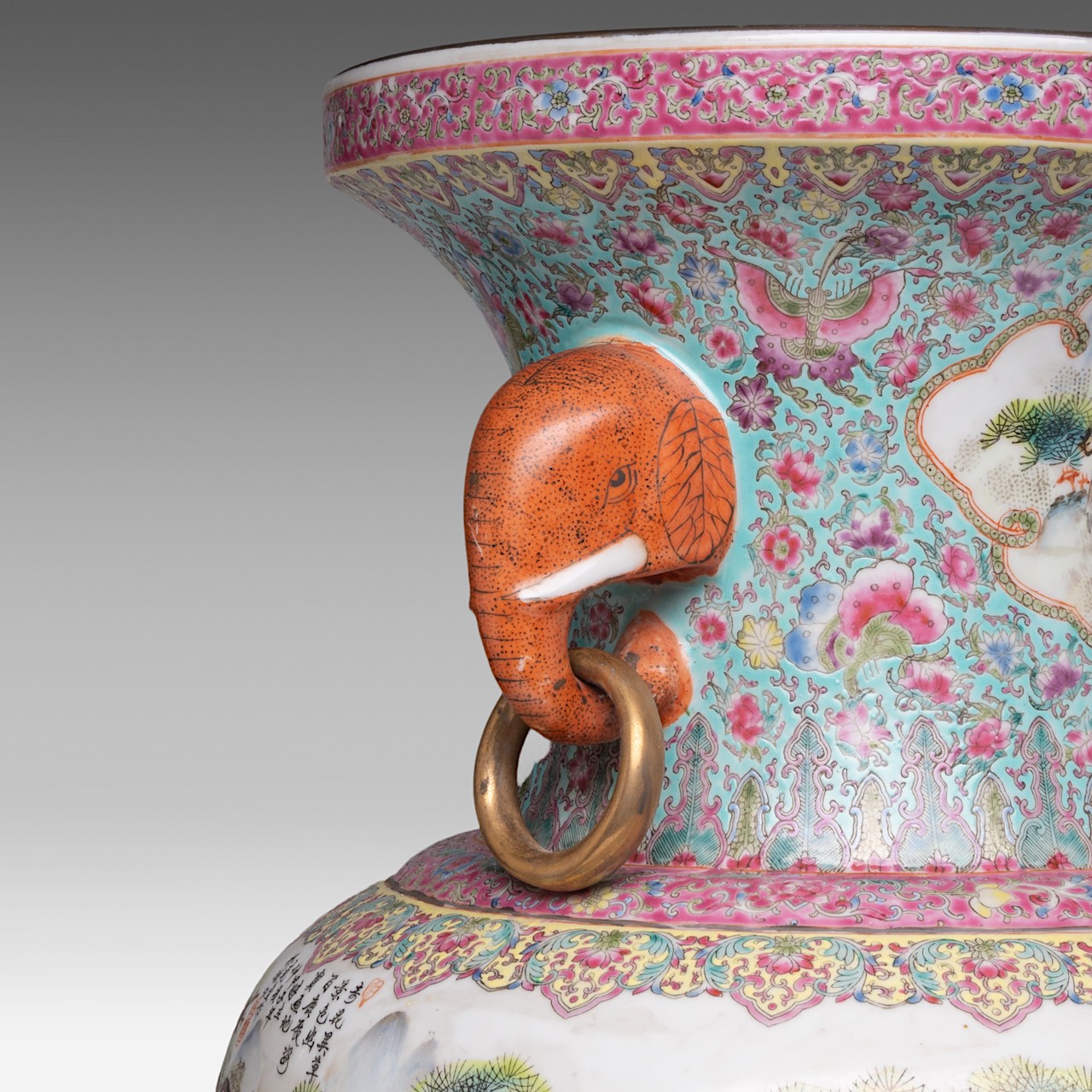 A Chinese famille rose 'One Hundred Deer' vase, paired with elephant-head handles, with a signed tex - Image 10 of 11