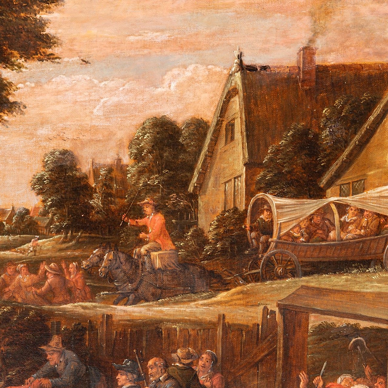 Attrib. to David II Teniers (1610-1690), village with an inn and peasants feasting and dancing, oil - Image 9 of 10