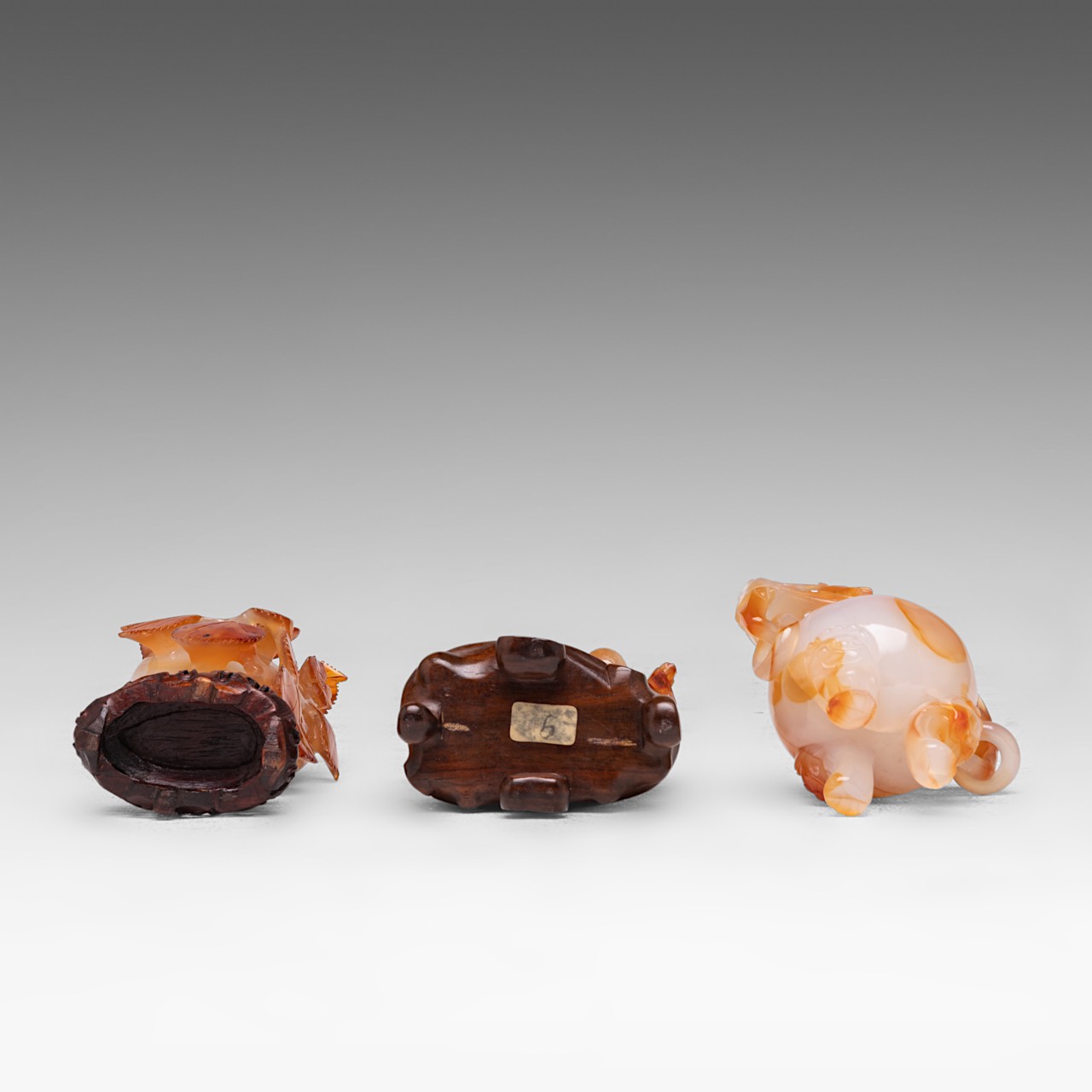 Three Chinese carnelian agate carvings: a tripod censer and cover, a 'Prunus' snuff bottle, 'Monkey - Image 6 of 8