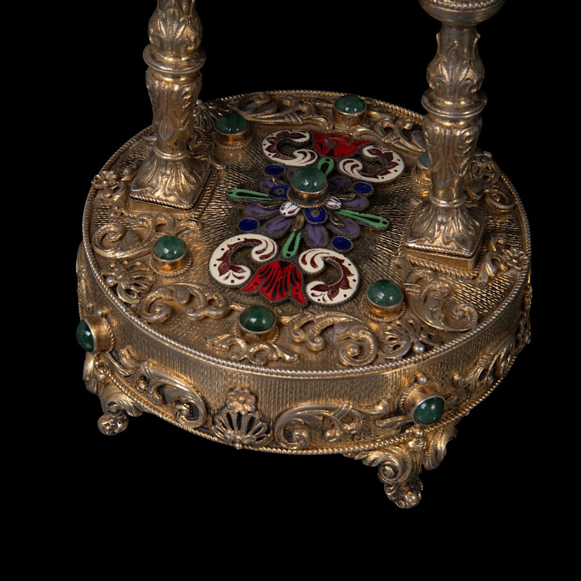 An Austrian gilt-silver and enamel clock with music box, decorated with semi-precious stones and mot - Image 6 of 7