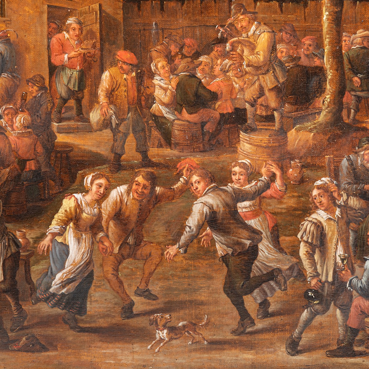 Attrib. to David II Teniers (1610-1690), village with an inn and peasants feasting and dancing, oil - Image 5 of 10