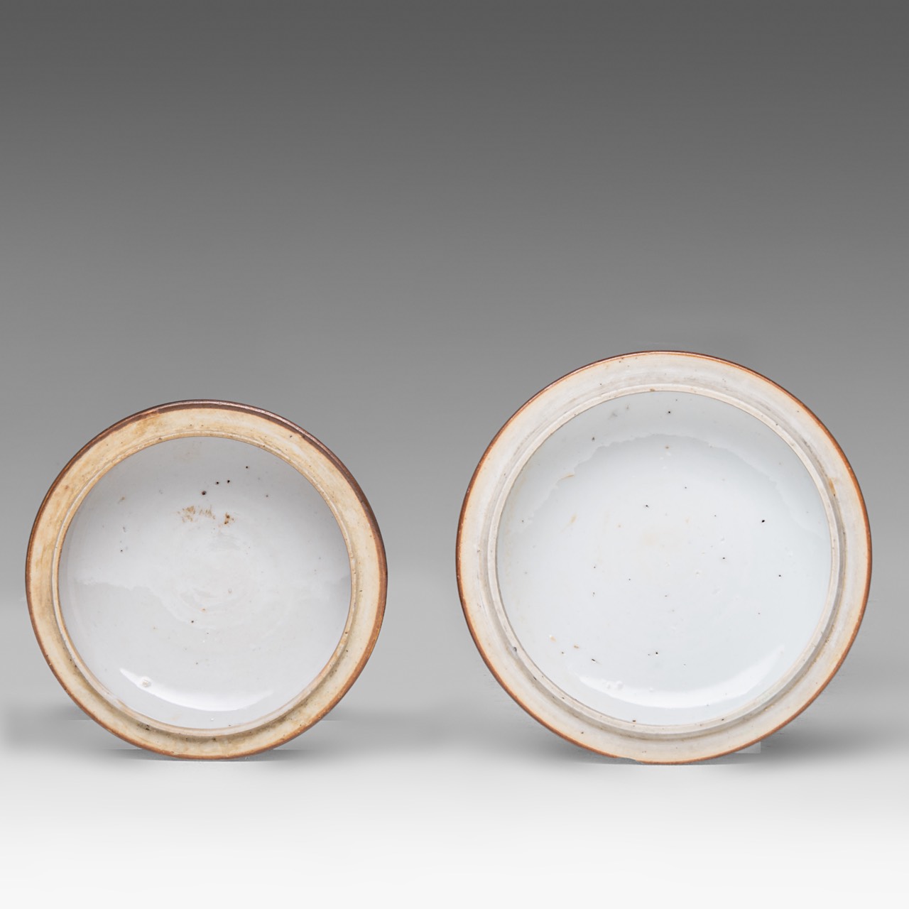 A series of five Chinese famille rose 'Peony' dishes, 18thC, dia 22 cm - added two cafe-au-lait and - Image 15 of 15