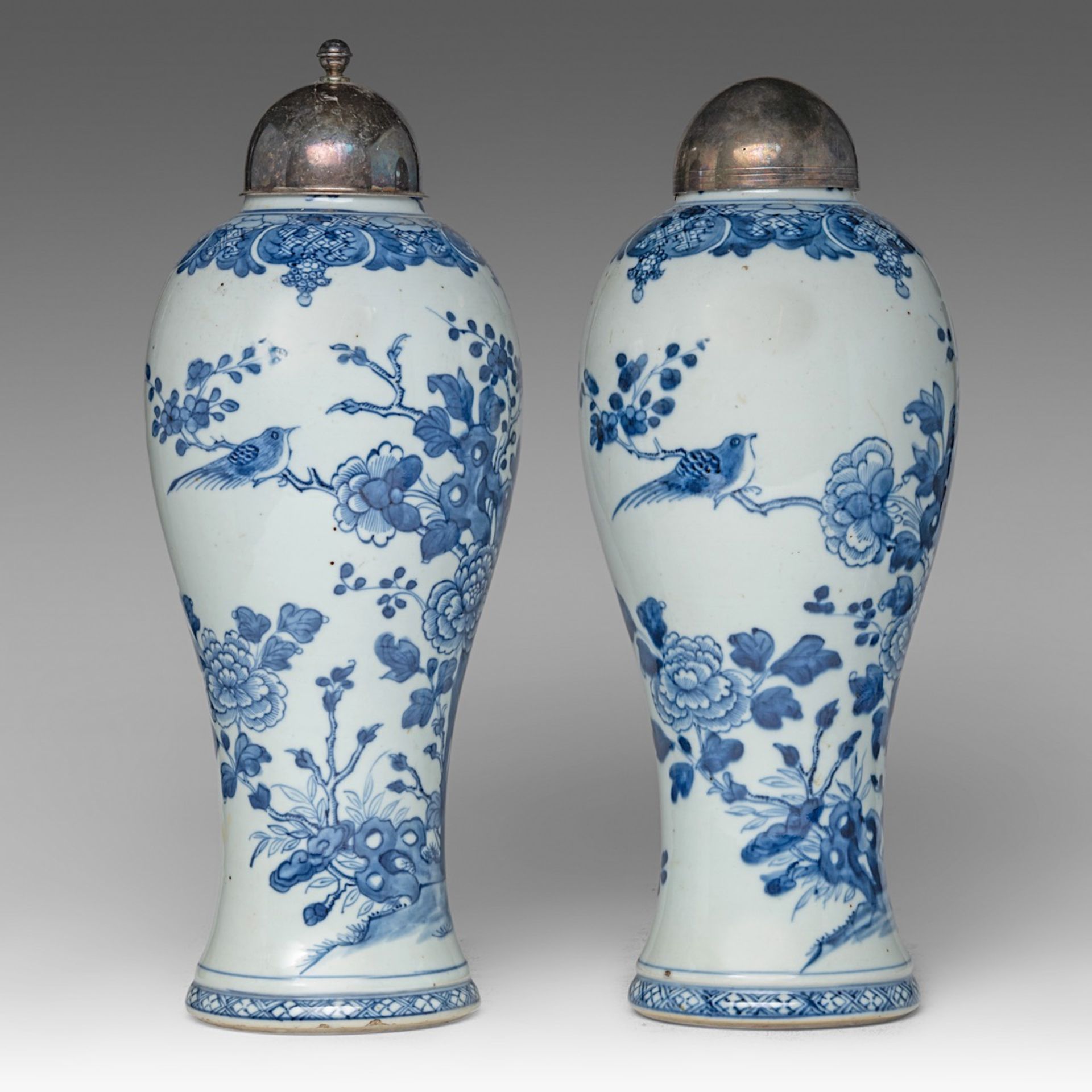 A similar pair of Chinese blue and white 'Flower Garden' baluster vases, Qianlong period, total H 36 - Image 4 of 6