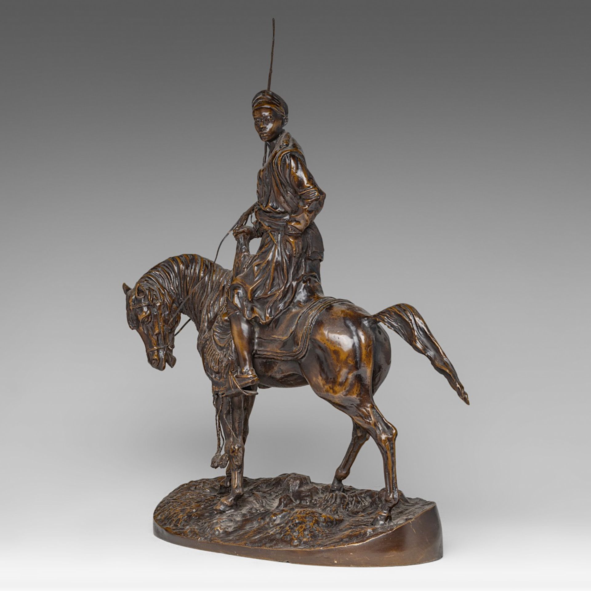 Pierre-Jules Mene (1810-1879), Arab horserider, patinated bronze, H 53 - W 36 cm - Image 2 of 7
