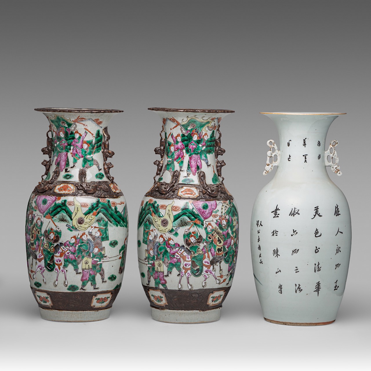A pair of Chinese famille rose Nanking stoneware vases, 19thC, H 43,5 cm - and a famille rose 'Beaut - Image 10 of 13