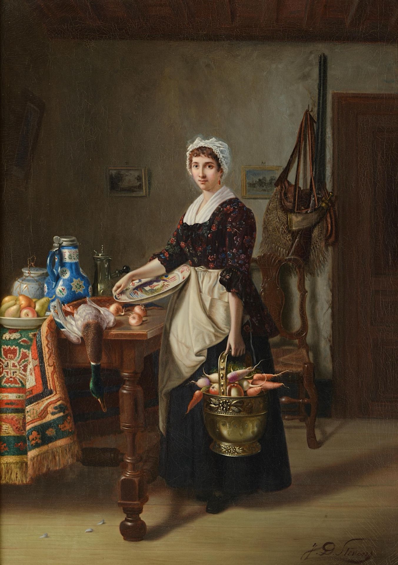 Jean-Daniel Stevens (1850-1920), the maid preparing the meal, oil on canvas 50 x 71 cm. (19.6 x 27.9