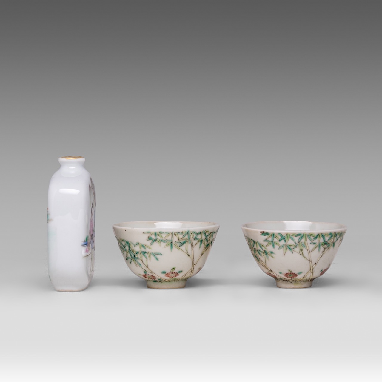 A small collection of Chinese famille rose ware, incl. a pair of fine 'Bamboo' wine cups, Daoguang m - Image 5 of 13