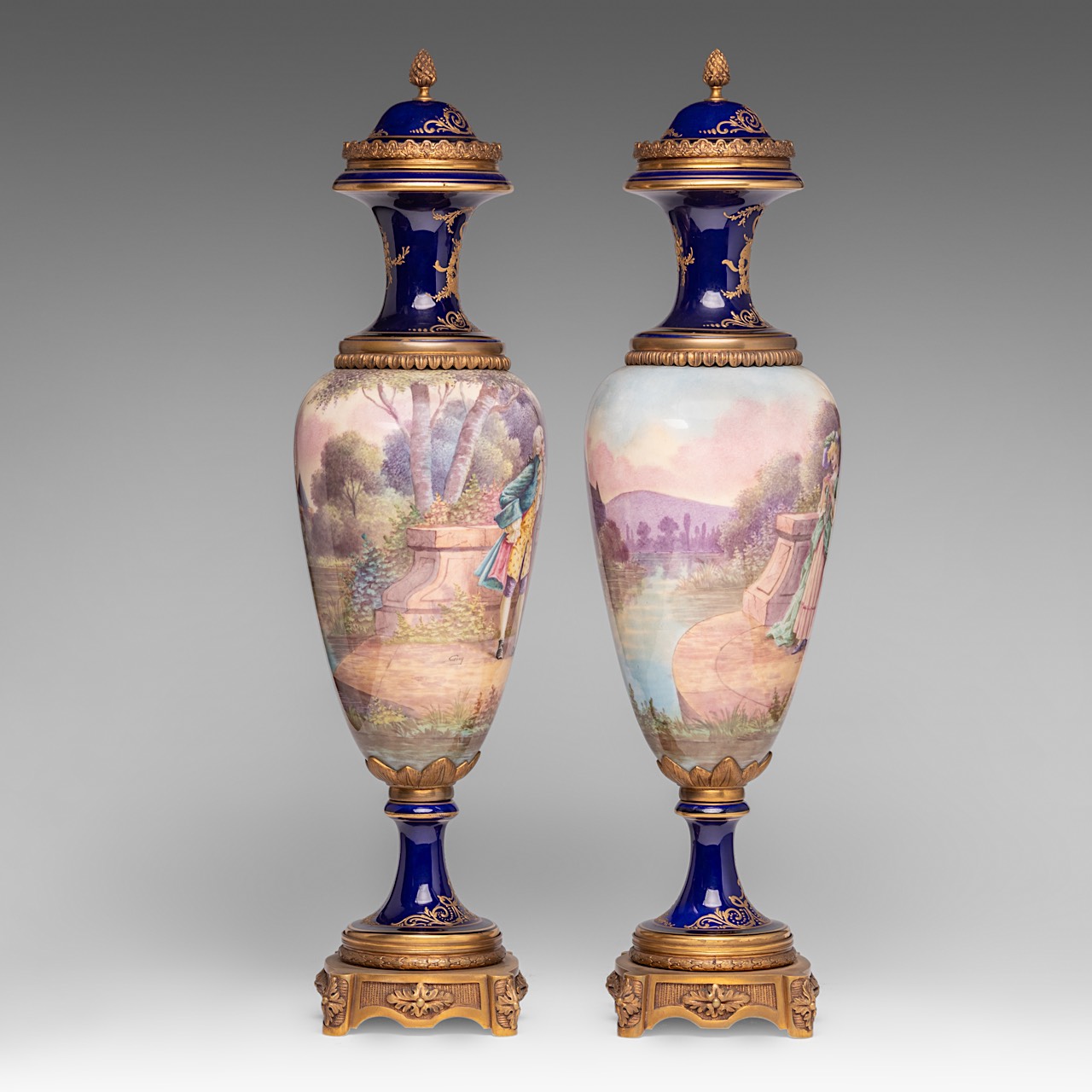 A pair of blue royale ground oblong Sevres type vases with hand-painted gallant scenes and gilt bron - Image 5 of 11