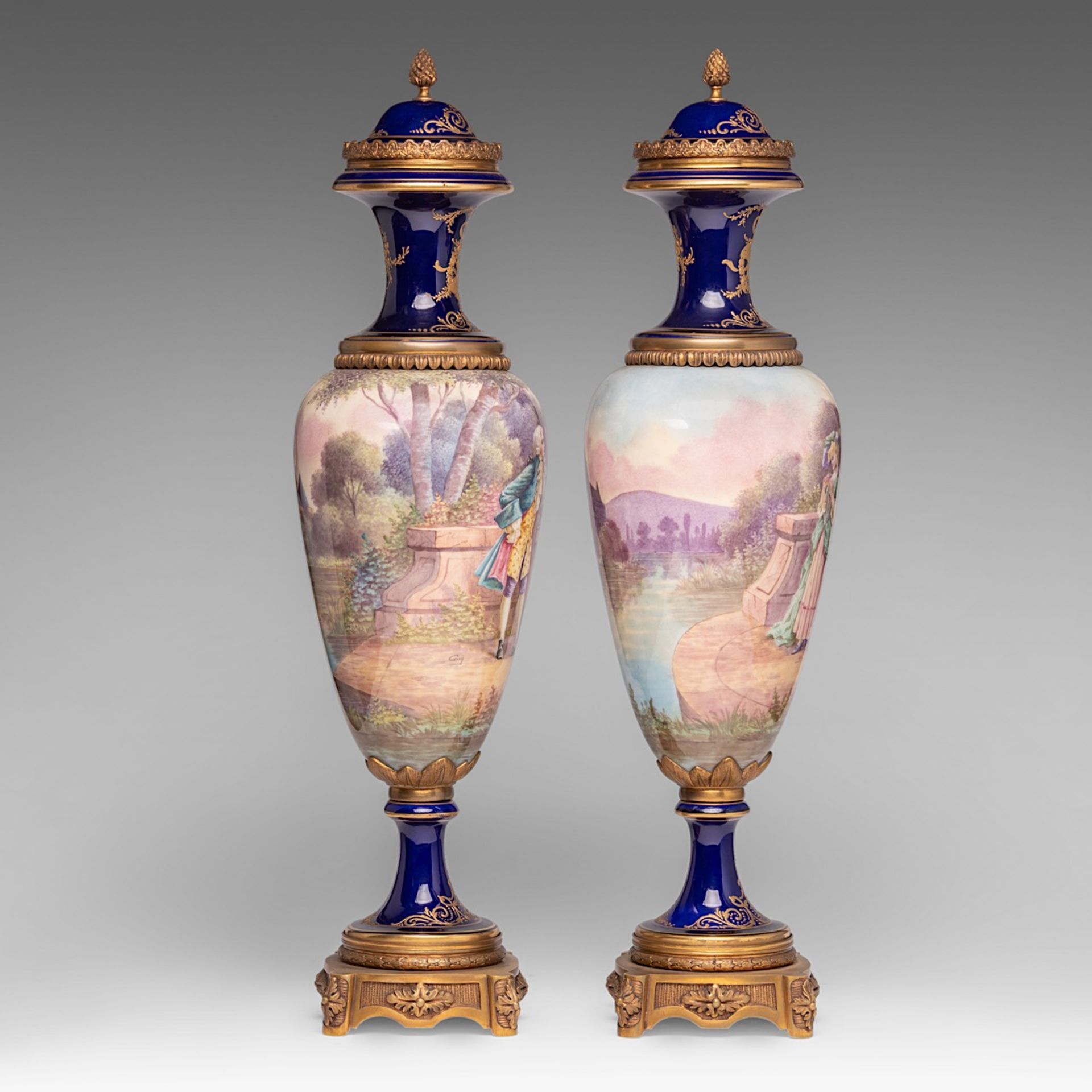 A pair of blue royale ground oblong Sevres type vases with hand-painted gallant scenes and gilt bron - Bild 5 aus 11