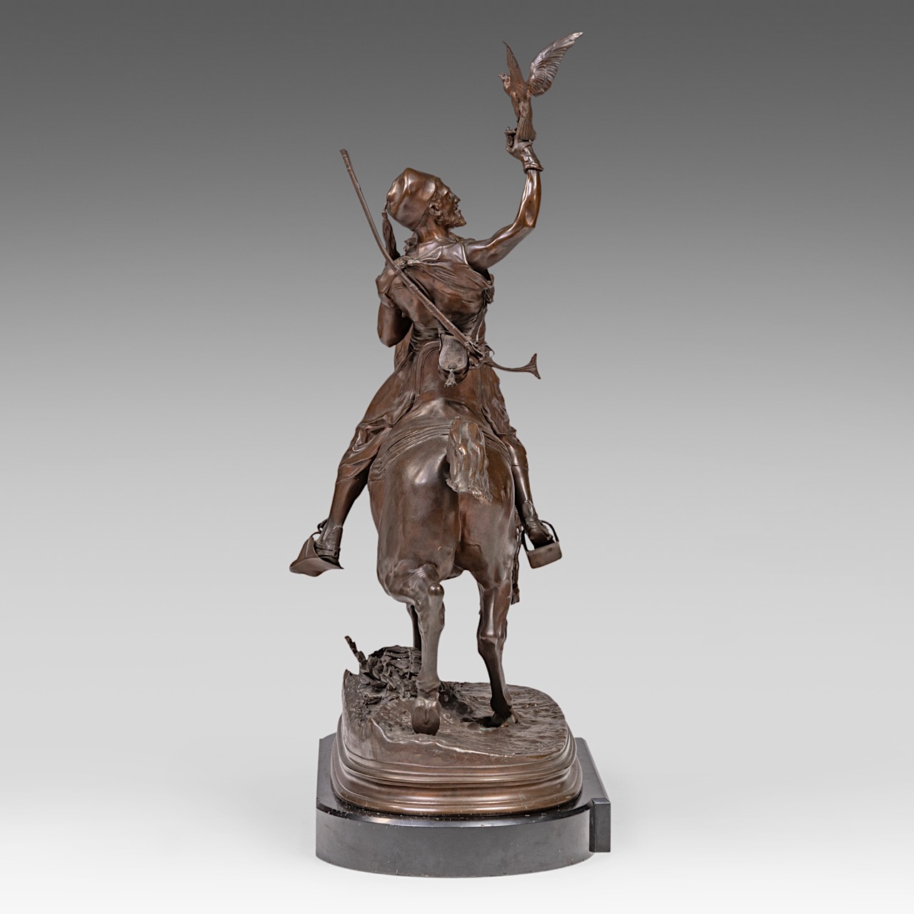 Pierre-Jules Mene (1810-1879), the falconer, patinated bronze on a black marble base, casted by Barb - Image 8 of 11