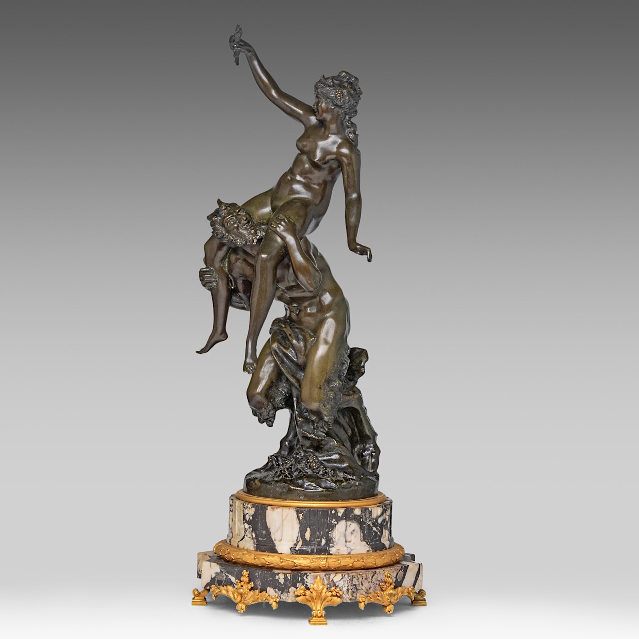 Clodion (1738-1814), Satyr and Nymph, patinated bronze on a marble base with gilt bronze mounts, H 6 - Image 2 of 8