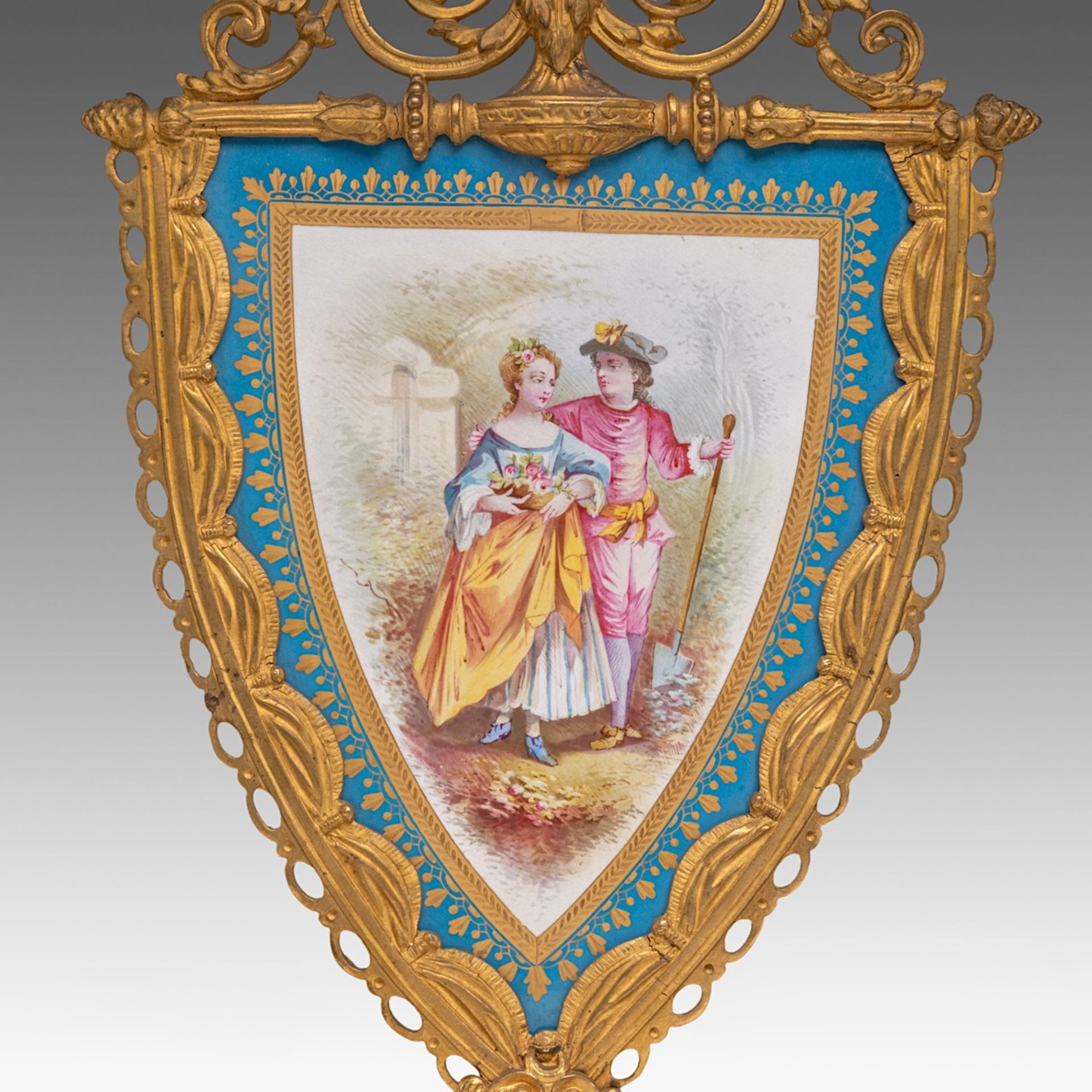 A pair of Louis XVI style Sevres porcelain and gilt bronze wall appliques, H 42 cm - Image 3 of 6