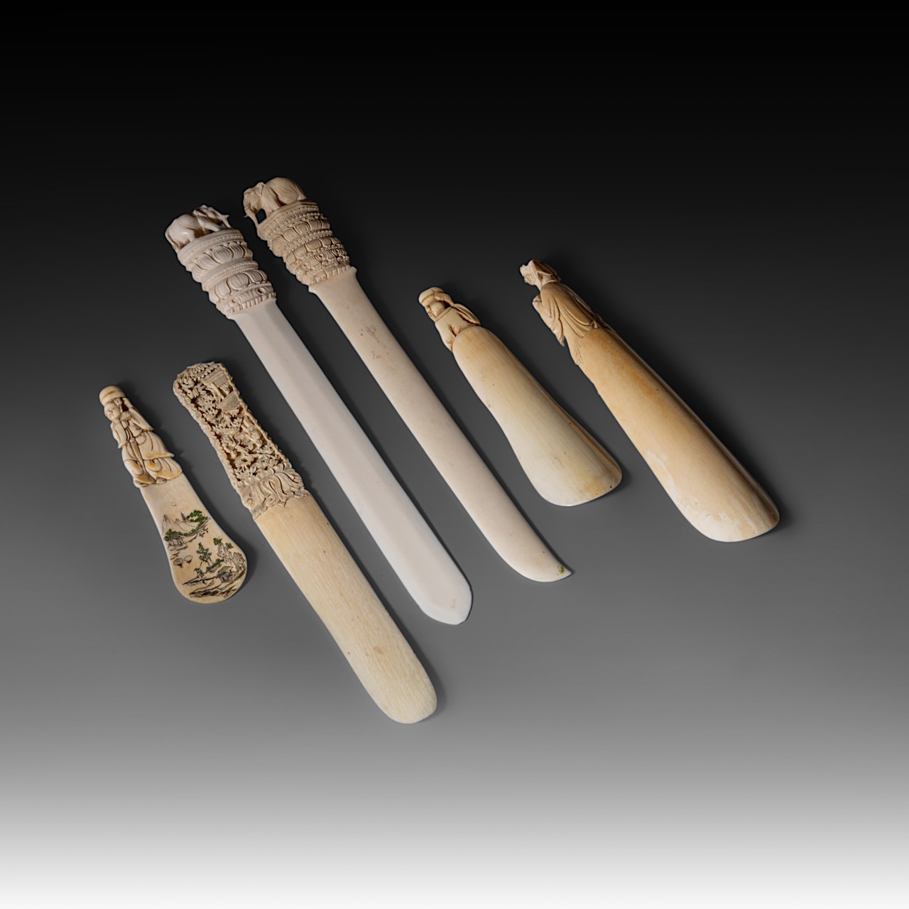 Three Chinese ivory shoehorns, two ditto Indian page-turners, and one ditto Chinese page opener, lat - Image 2 of 7