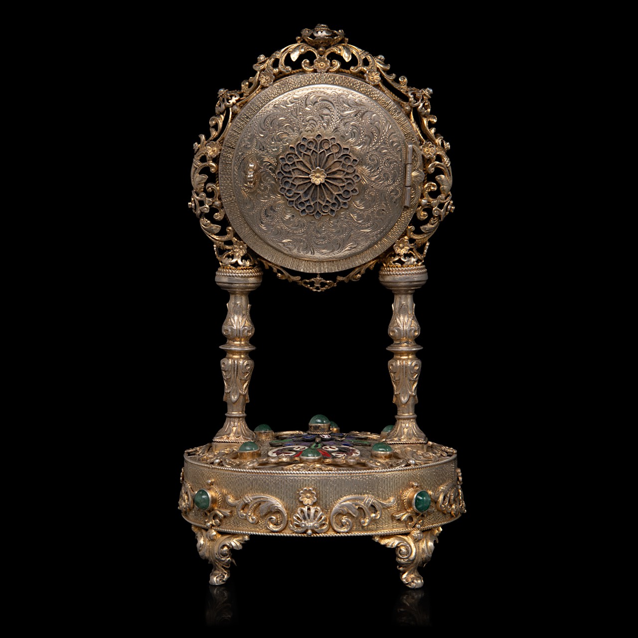 An Austrian gilt-silver and enamel clock with music box, decorated with semi-precious stones and mot - Image 4 of 7