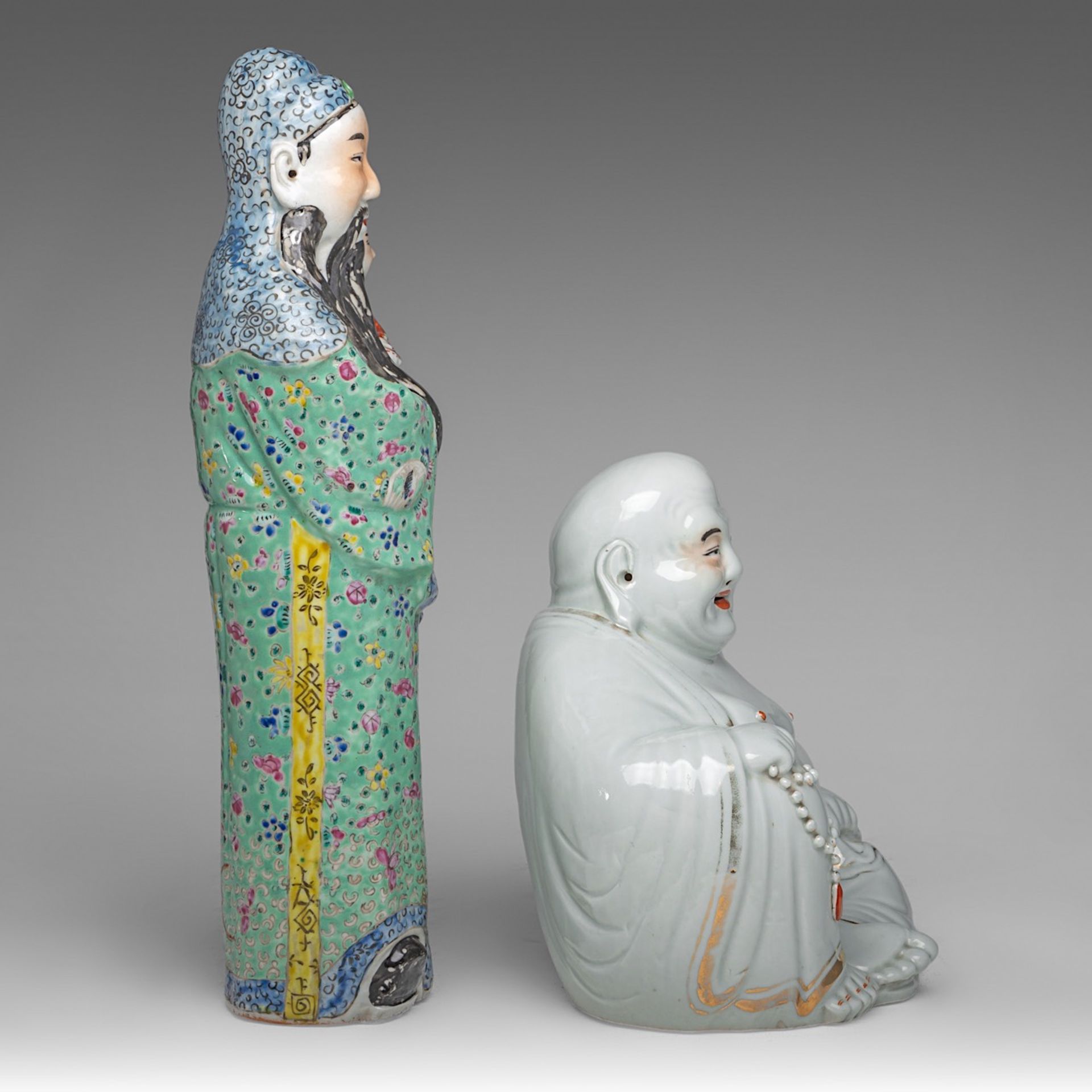 A Chinese famille rose enamelled biscuit figure of a smiling Budai and Fu Xing, one with an impresse - Image 12 of 14