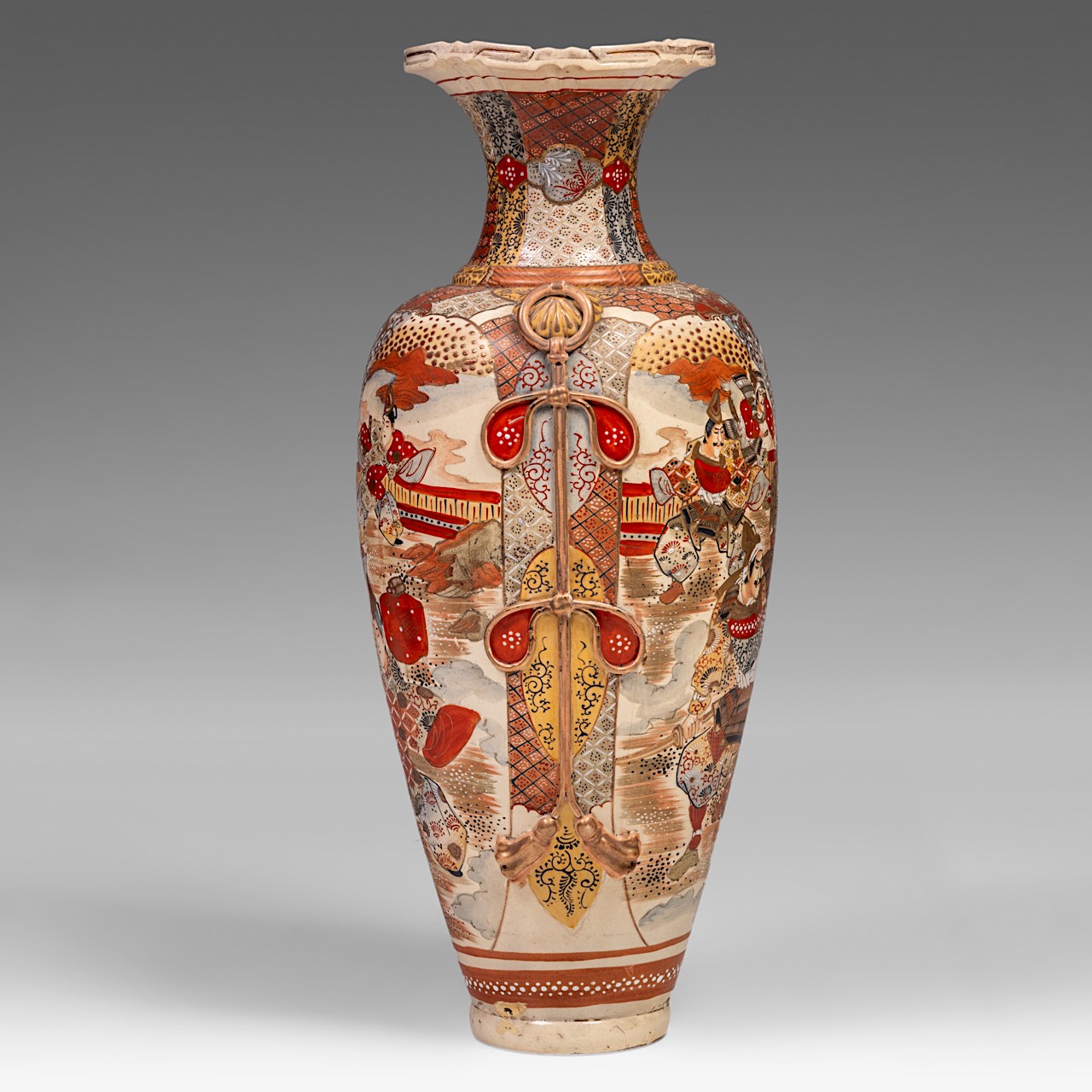 A large Japanese Satsuma 'Warriors' vase, Meiji period (1868-1912), H 89 cm - Image 4 of 6