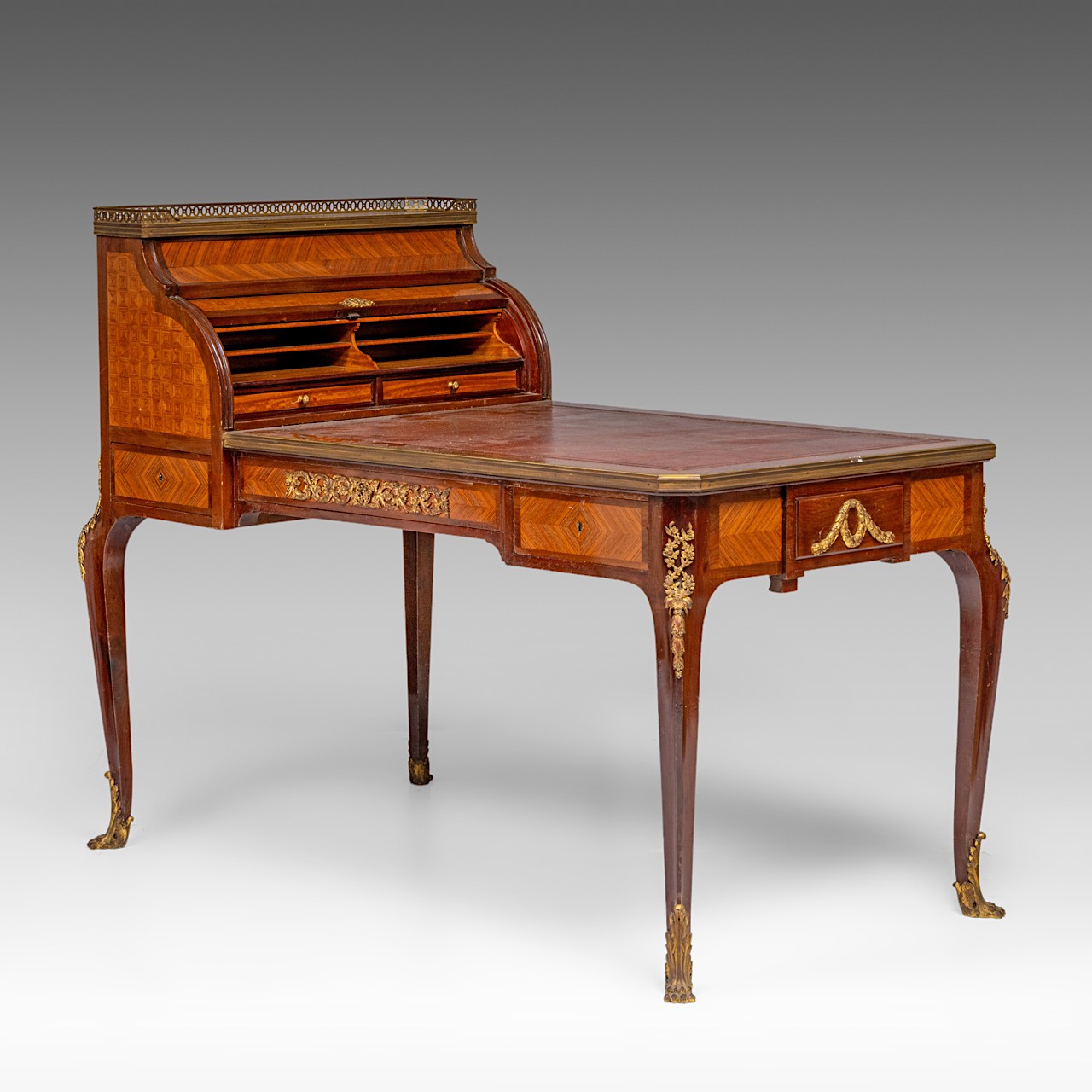 A leather-topped Transitional-style bureau plat and rolltop desk with parquetry and gilt bronze moun - Image 2 of 9