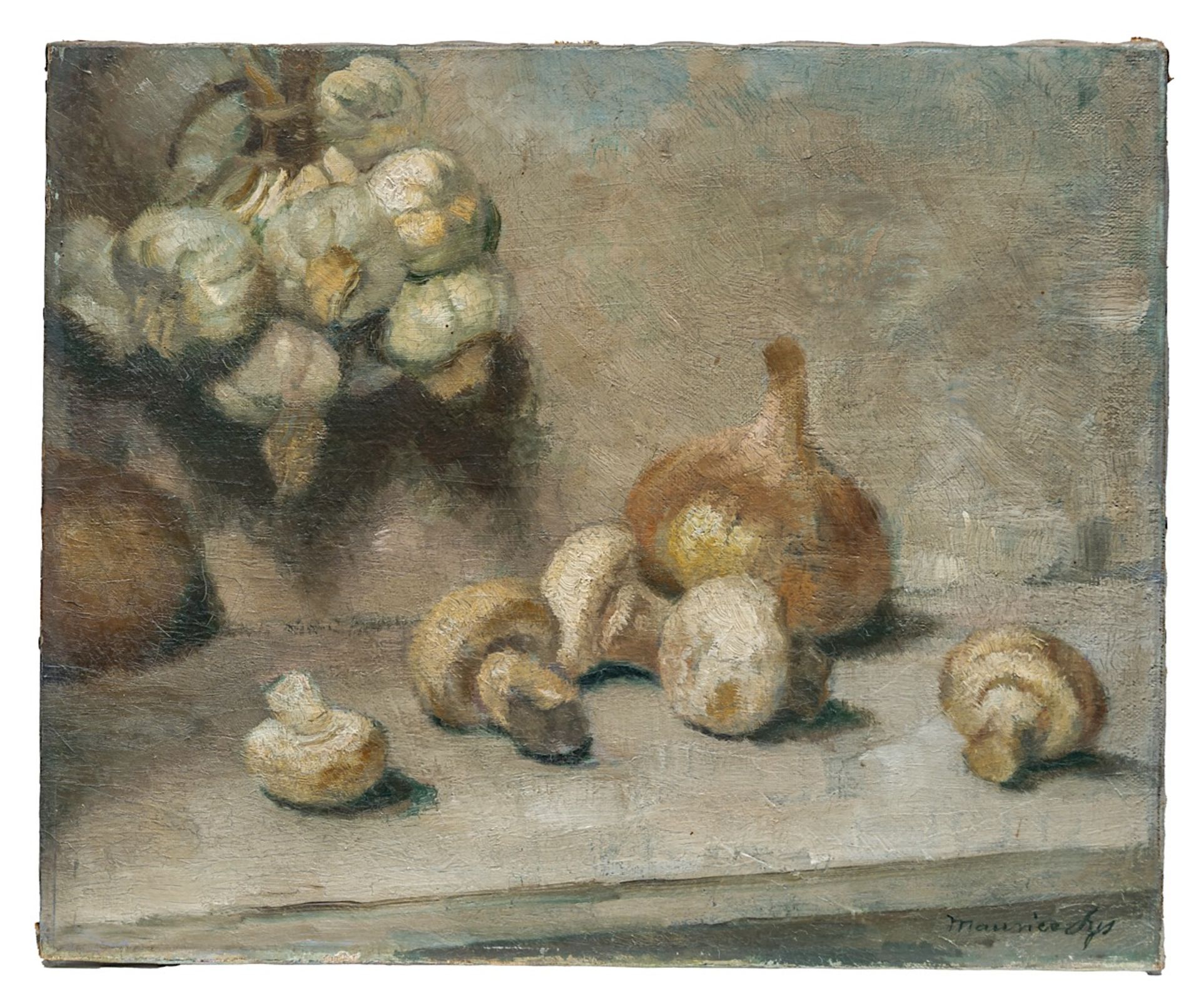 Maurice Sijs (1880-1972), still life with garlic, mushrooms and an onion, oil on canvas 36 x 43 cm. - Image 2 of 6