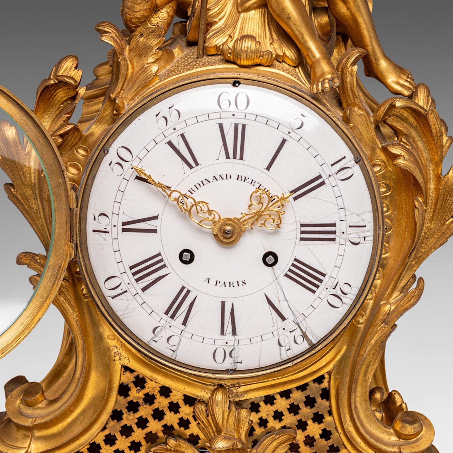 A Rococo Revival gilt bronze mantle clock, decorated with Neptune, Ferdinand Berthoud, H 71 cm - Bild 2 aus 9