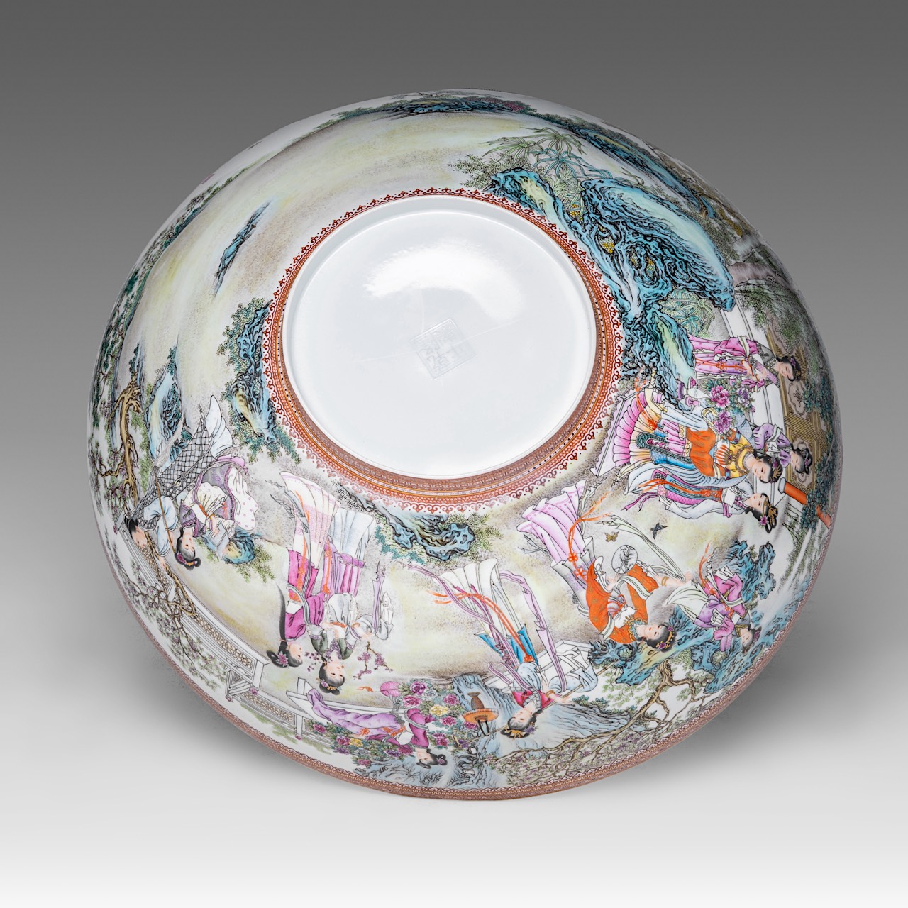 A rare and large Chinese famille rose 'Beauties in a Garden' eggshell punch bowl, with a Yongzheng m - Image 5 of 9