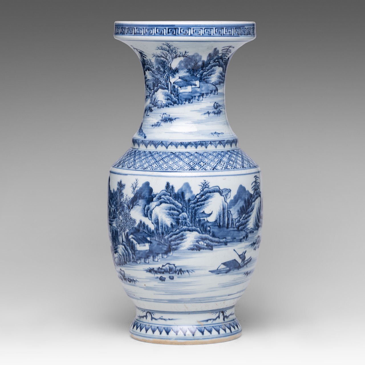 A Chinese blue and white 'Mountainous Landscape' yenyen vase, H 45 cm - Image 2 of 6