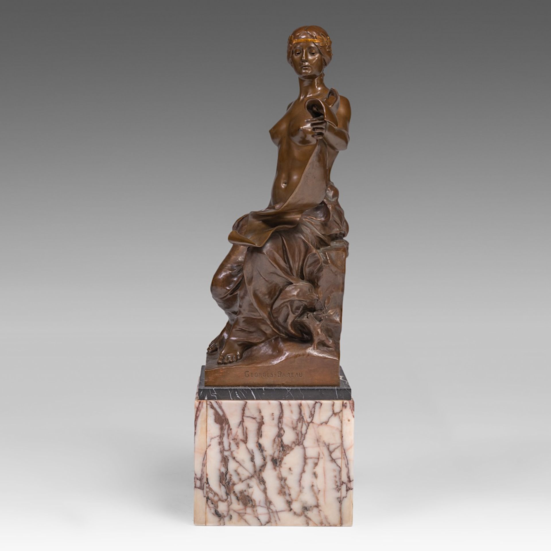 Georges Bareau (1866-1931), 'Allegory of History', patined and gilt bronze, casted by Barbedienne, H - Image 3 of 11