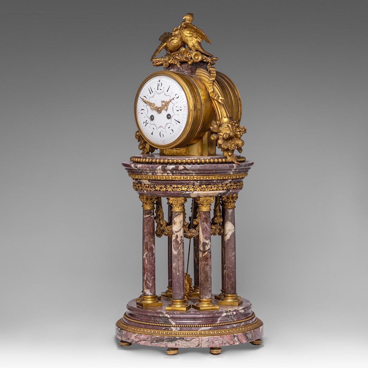 A Louis XVI style gilt bronze mounted marble portico clock, late 19thC, H 63 cm - Image 3 of 6