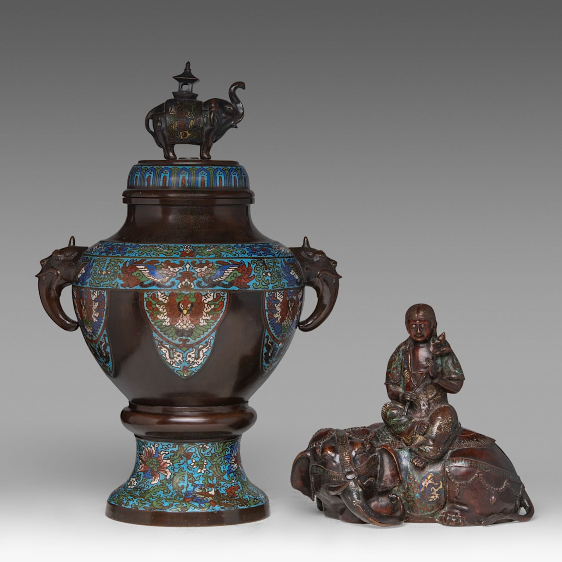 A Japanese champleve enamelled bronze censer and a ditto figure of Kannon seated on an elephant, lat