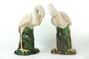 Paire of big Crane Birds in Faience