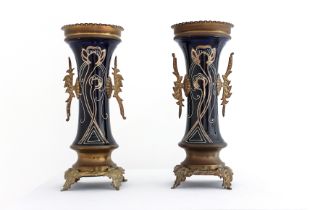 Pair of blue vases with bronze