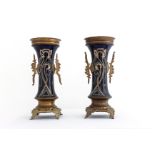 Pair of blue vases with bronze