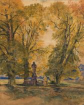 Therese Schachner: Park landscape with a sculpture of Saint Nepomuk