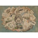 Artist of the 19th century: Trompe l'oeil with portrait of a lady in the centre (collage)