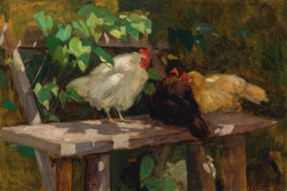 Lilly Charlemont: Chickens on a bench in the garden