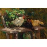 Lilly Charlemont: Chickens on a bench in the garden