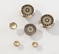 Sechs Frackknöpfe, wohl Österreich, Emaille, kleine Perlen und wohl Silber