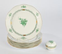 6 dinner plates, , lid box, Herend, AV decor, gold rim, ø 25.5 cm, ø 7.5 cm