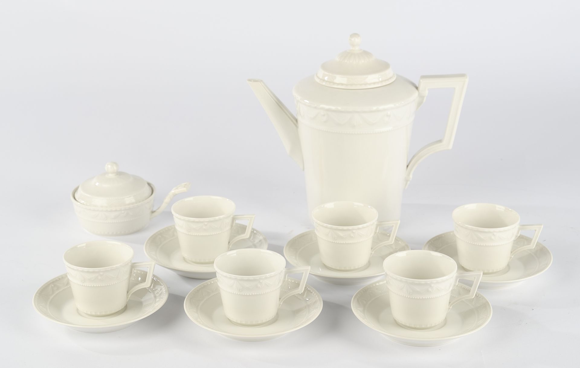 Service pieces, 14-piece, Kurland, KPM Berlin, white porcelain: coffee pot, 6 demitasse cups (1x ch
