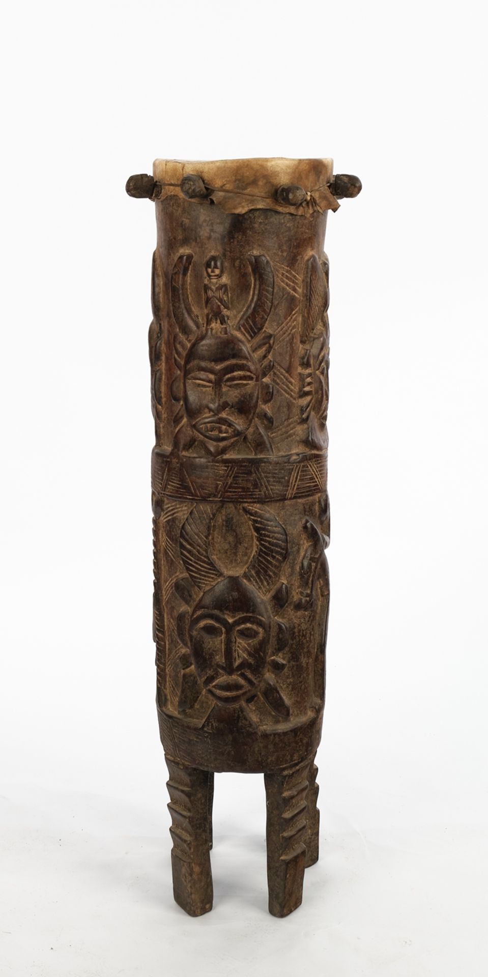 Trommel, Dogon, Mali, Afrika, Holz, umlaufend eingeschnitzt verziert mit Masken, einem Reiter und e - Bild 2 aus 2