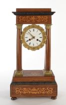 Portal clock, France, c. 1870, brown wooden case, inlaid, blackened mouldings, four columns, bronze