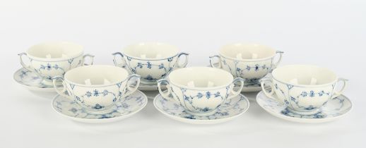 6 soup cups,, 6 saucers, Royal Copenhagen, Musselmalet, ribbed, 6 cm high
