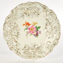 Pompous plate, Meissen, sword mark, 1st choice, gold-decorated relief with flowers and curves, colo