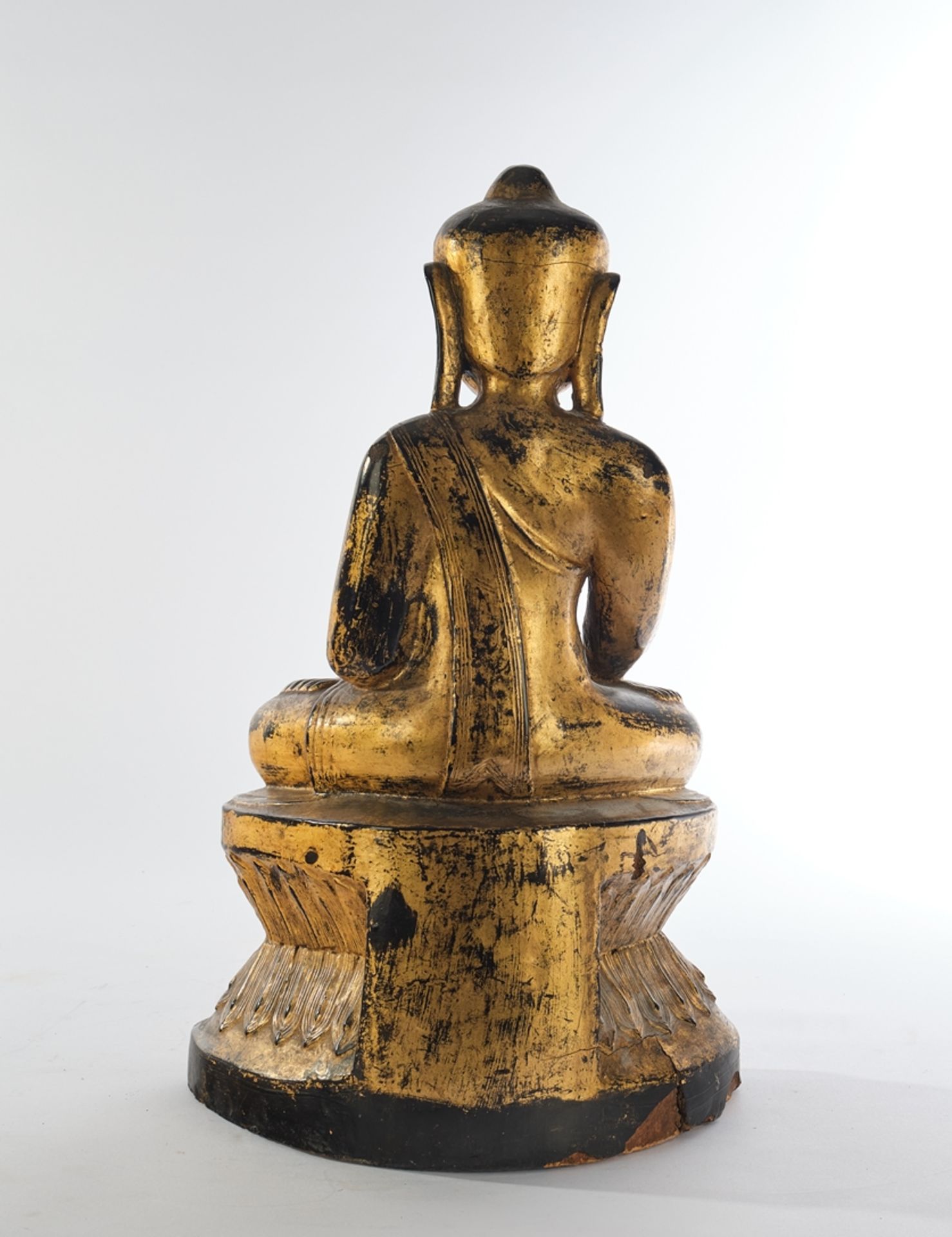 Buddha, Burma, 19th century, wood, carved, painted black and gilded, seated in meditation on a plin - Image 2 of 2