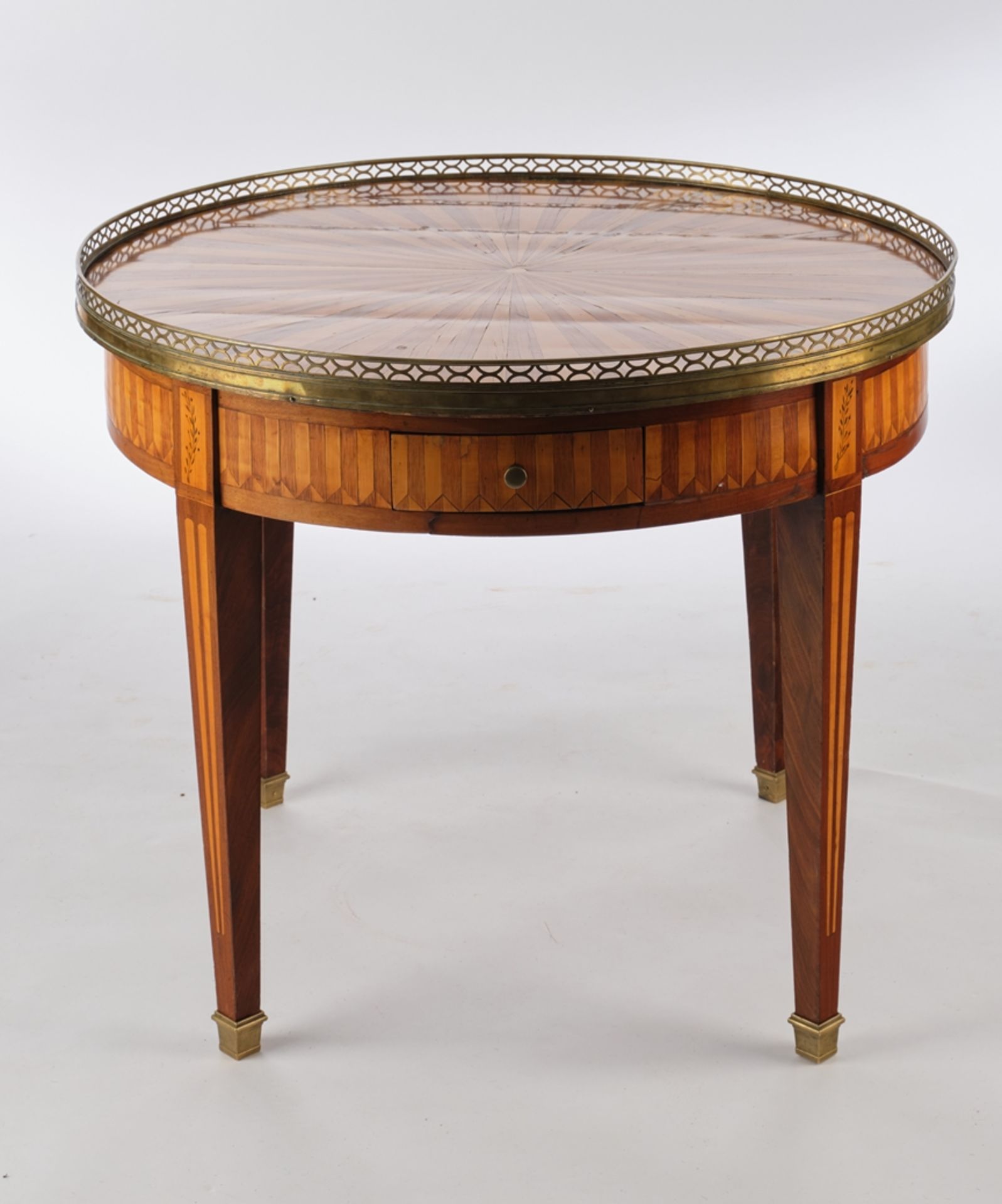 Fine salon table, Louis XVI, France, c. 1780, rosewood, satinwood and mahogany veneered on oak, rou